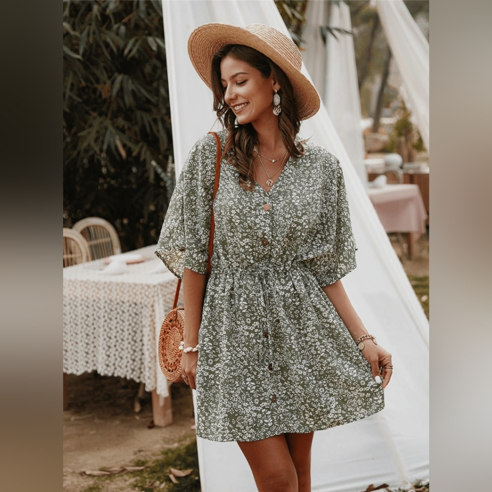Olive Green and White Dolman Sleeve Mini Sundress